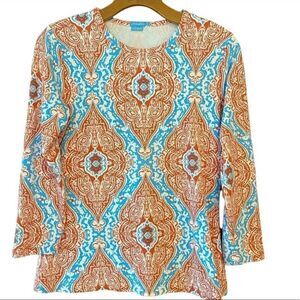 J. McLaughlin S Blue Orange Bali Design Round Neck Long Sleeve Top